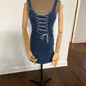 AKIRA Denim Lace-Up Mini Dress in Dark Blue with White Laces